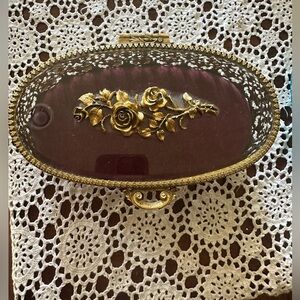 Vintage Matson Gold Filigree Footed Casket Jewelry Box. Burgandy velvet.
